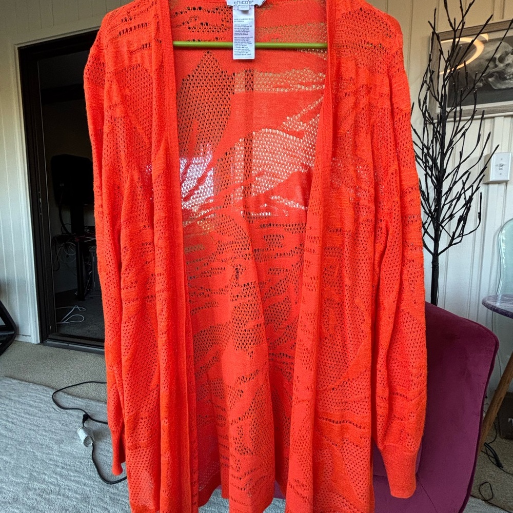 Chico's Vibrant Orange Open-Knit Cardigan